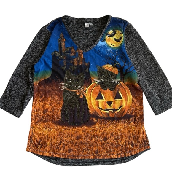 Thomas & Olivia Tops - Thomas & Olivia V-Neck 3/4 Sleeve Halloween Sequin Cat & Pumpkin Shirt L